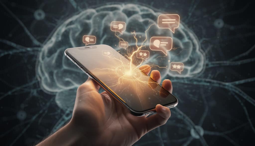 découvrez comment les notifications push exploitent le mécanisme psychologique de la dopamine pour capter votre attention et influencer votre comportement avec les alertes d'applications.